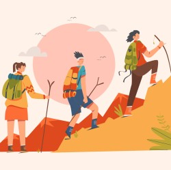 three hikers climbing a mountain at sunset