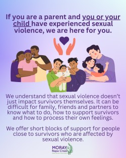 graphic with diverse parents and text saying "If you are a parent and you or your child have experienced sexual violence, we are here for you."